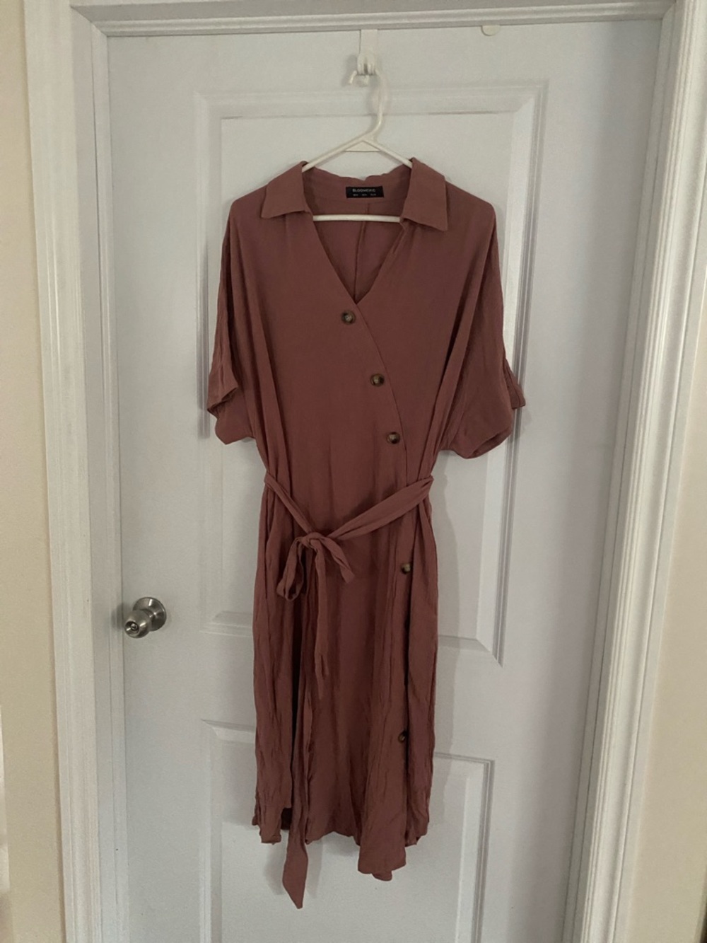 BloomChic Button-Front Wrap Midi Dress in Mauve